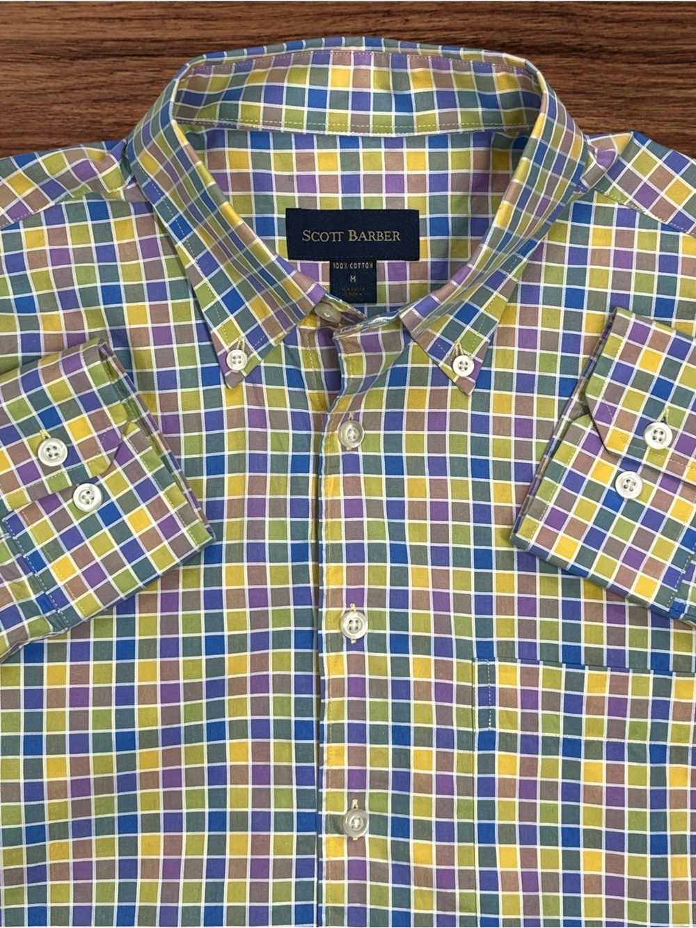 Scott Barber Tattersall Check Pattern Dress Shirt. Spring Colors. Size Medium.